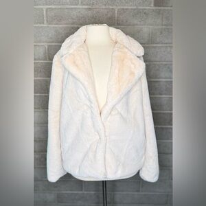 Cream Ivory Faux Fur Jacket Plush Coat Oversized Collar Snap Front Pockets Large